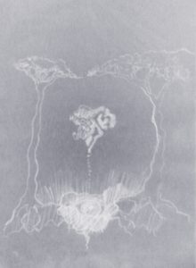 Sketch of two trees in white over grey background wih heart in the middle and pool at the bottom