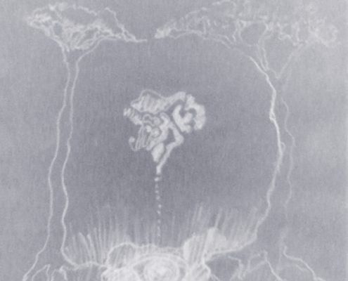Sketch of two trees in white over grey background wih heart in the middle and pool at the bottom