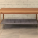 Eucalyptus grandis coffee table round section legs fabric shelf
