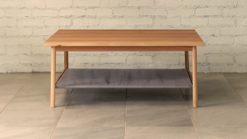 Eucalyptus grandis coffee table round section legs fabric shelf