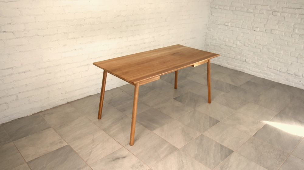 Eucalyptus Cloeziana desk round splayed legs three quarter view