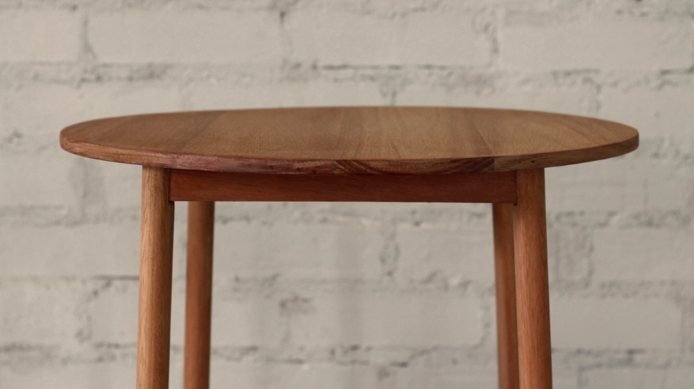 Wooden side table detail showing round top and round section legs