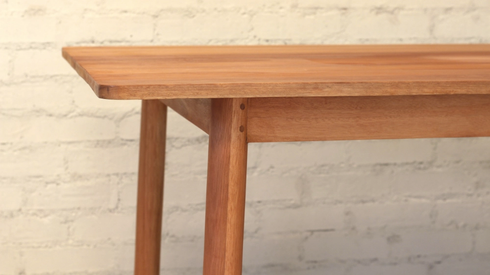 Table Round Legs 6 Seat Detail 2 Eucalyptus Grandis wooden table end detail showing round section legs and rail doweled joint