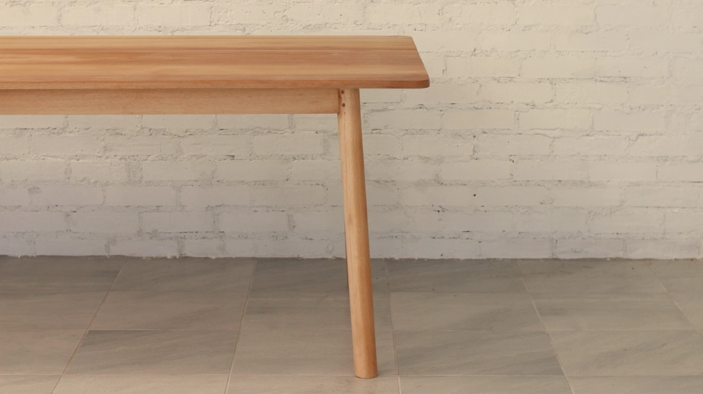 Table Round Legs 6 Seat Detail Eucalyptus Grandis wooden table end detail showing round section legs and rail doweled joint
