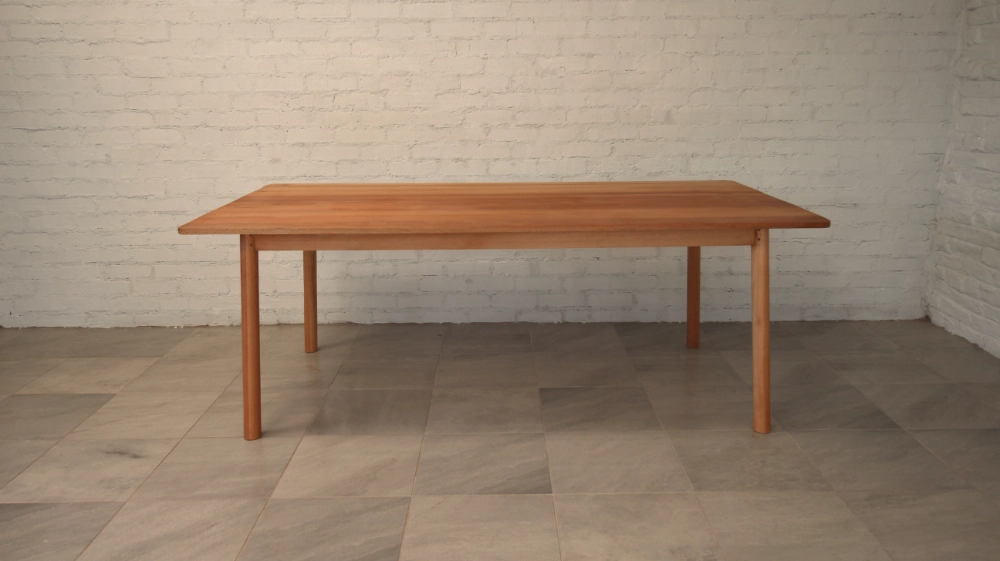 Table Round Legs 6 Seat Front Eucalyptus Grandis wooden table, round section gently splayed legs