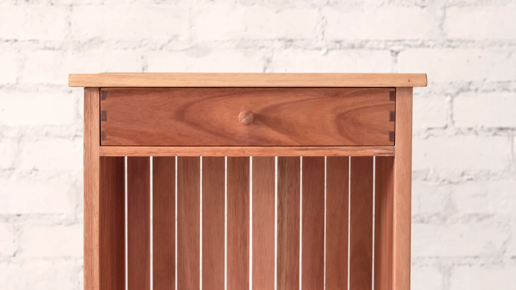 Bedside table front detail, exposed drawer joinery