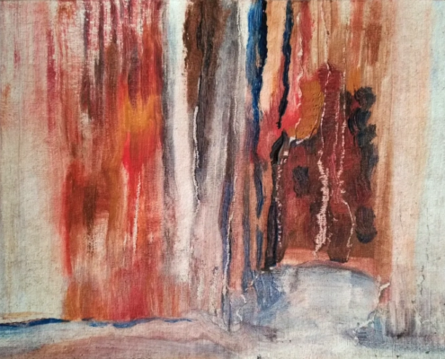 A semi abstract painting depicting smooth rock walls and a pool.