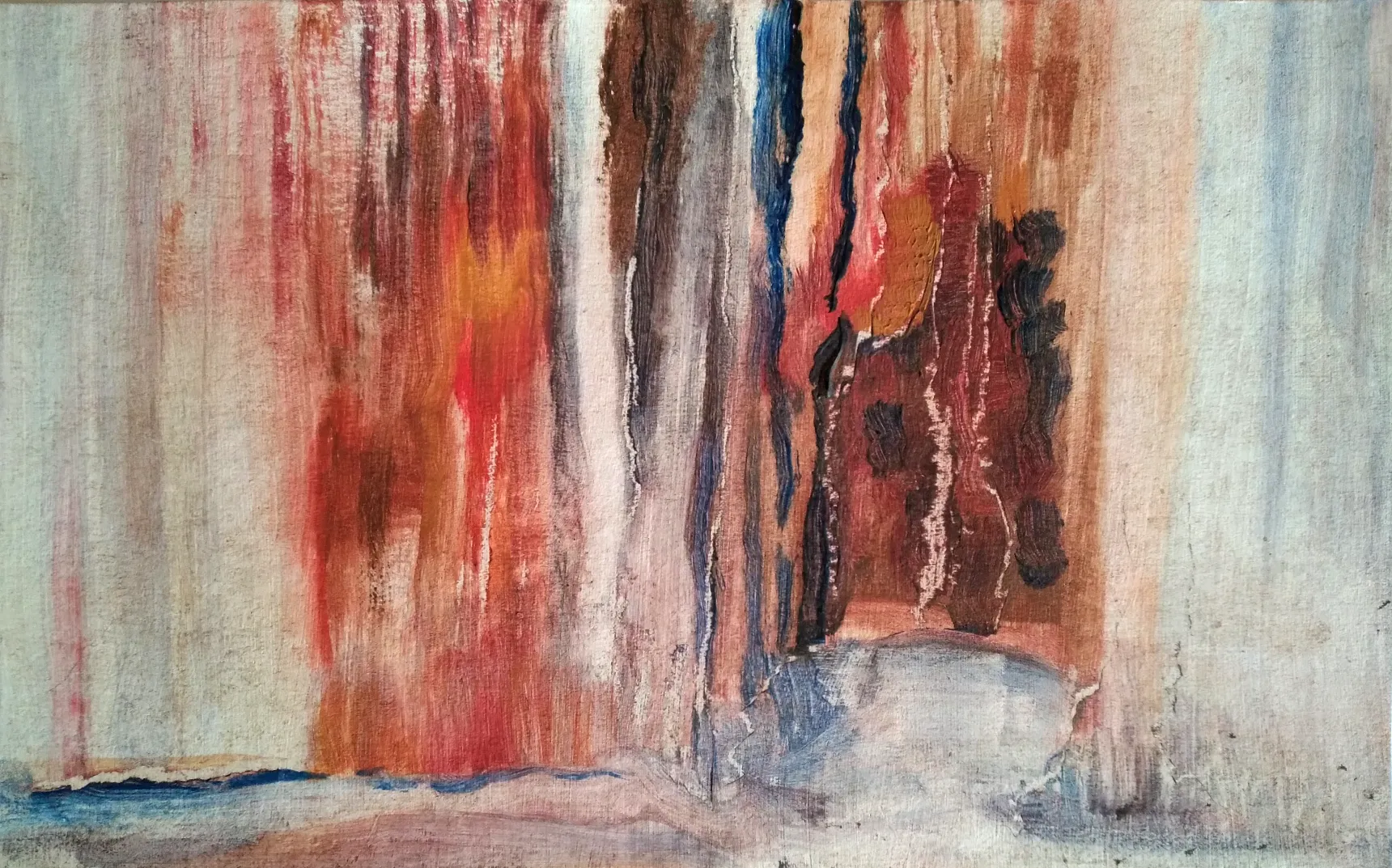 A semi abstract painting depicting smooth rock walls and a pool.