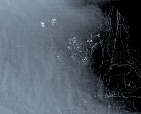 A digitally inverted pen sketch of a dragon blowing out smoke and two stars.